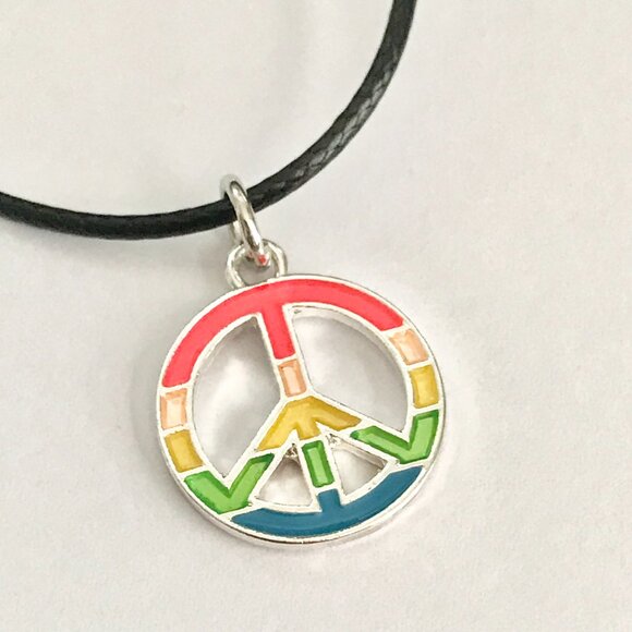 Peace Sign Pendant Choker Necklace Black Cord 16-18" Rainbow Hippie LGBT Retro - Picture 3 of 6